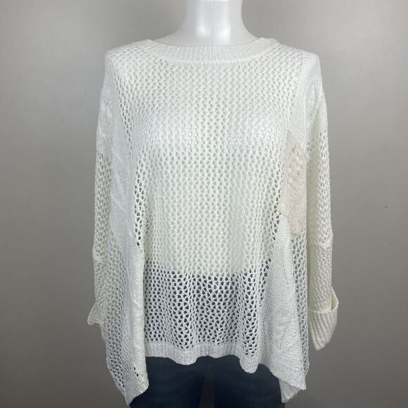 Pol Anthropologie Ivory Open Knit  Oversized Pullover Boho Sweater Lace Pocket - Picture 1 of 11